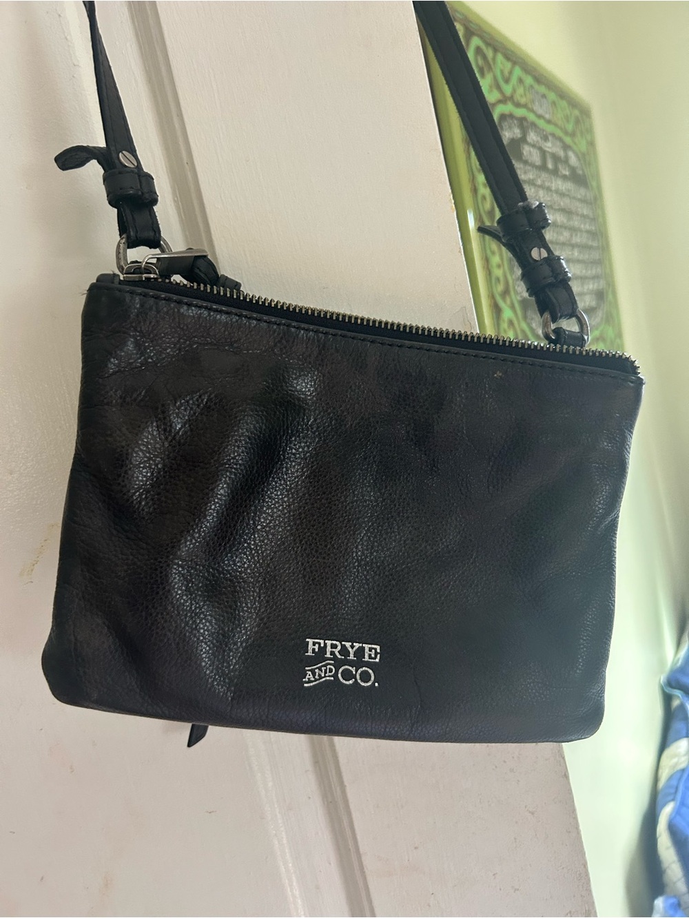 FRYE AND CO. Black Pebbled Leather Crossbody Bag with Silver Logo
